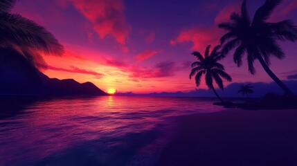 Vivid Sunset Over Tropical Beach with Palm Trees and Dramatic Sky