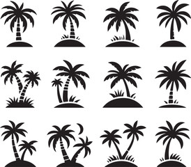 Fototapeta premium Palm tree silhouettes on a tropical summer landscape with beach and nature elements