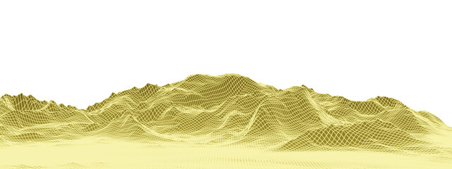3D Yellow mountain wireframe . Grid terrain wireframe