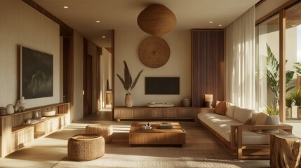 A sunlit living room with natural tones, wooden furniture, woven decor, and a view of the outdoors