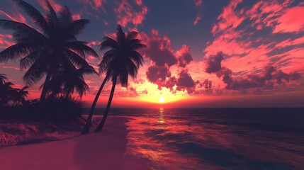 Vivid sunset over tropical beach with palm trees and fiery red clouds