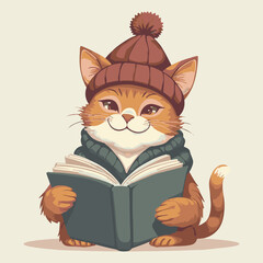 Cute domestic kitten reading a book, a funny cartoon animal illustration