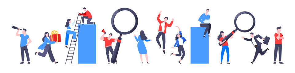 Teamwork concept with tiny people characters working together business concept elements set. Teamwork and time management concept flat style design vector illustration isolated on white background.