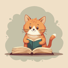 Cute cartoon kitten reading a fun book with its orange tail