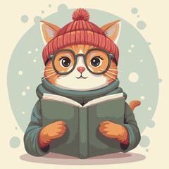 Cute cartoon animal vector illustration: a funny kitten with glasses reads a book