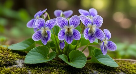Vibrant Dew-Kissed Wood Violets on Mossy Rock, Serene Spring Nature Scene