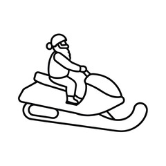 Santa riding a snowmobile through snowy holiday landscape line art vector illustration