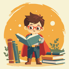 Smiling little girl student cartoon character reading a book, a vector illustration of a child studying
