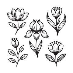 Modern Floral Doodle Icons &ndash; Minimalist Flower Outlines in Artistic Linework