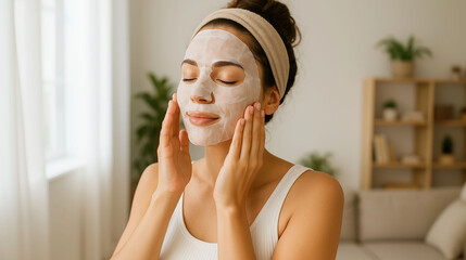 Young woman enjoying skincare routine with white sheet mask relaxing at home showing beauty self care and facial treatment in peaceful morning light