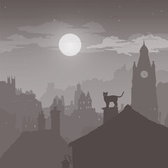 Fototapeta premium Cat on the roof, moonlit night, vector illustration