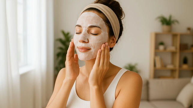 Young woman enjoying skincare routine with white sheet mask relaxing at home showing beauty self care and facial treatment in peaceful morning light