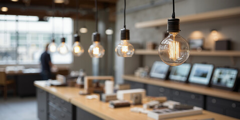 Overhead Wide Angle of Vintage Bulb Illuminating Cramped Photo Lab with Blurred Person Editing Images Near Backlit Screens, Evoking a Working Time Concept