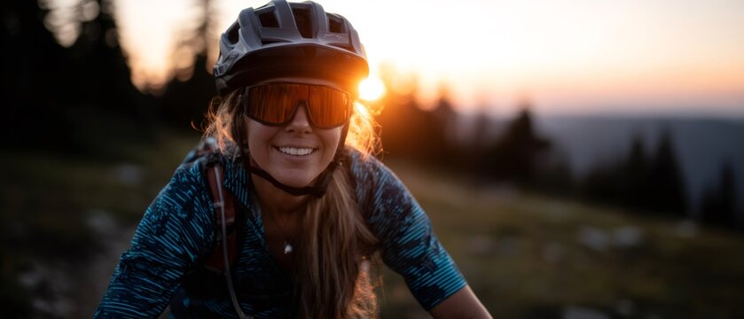 Plus size smiling female cyclist enjoying sunset on mountain trail ride - Powered by Adobe