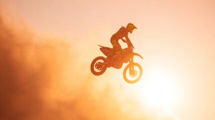 Obraz premium Motocross rider performing freestyle jump at sunset