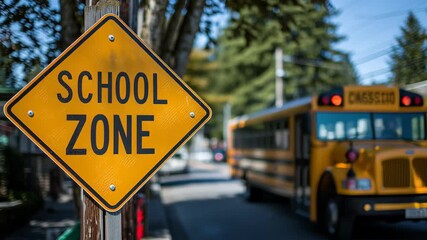 School zone warning sign stands prominently beside a road, with a yellow school bus in the background, emphasizing safety for children and traffic awareness in educational areas