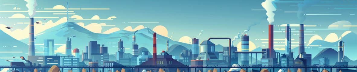 Obraz premium industrial city featuring factories, smokestacks, and distant mountains in a clean, modern flat design. Generative ai raster illustration. Wide banner image