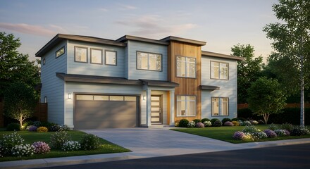 Fototapeta premium Modern Two-Story House with Wood Accents and Landscaped Yard at Dusk