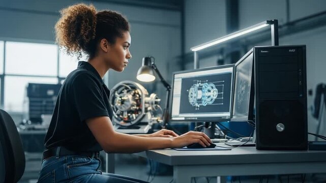 A Young Engineer Focuses on High-Tech Design in a Modern Workspace, Showcasing Innovation, Creativity, and Technical Skills in Engineering and Computer-Aided Design.