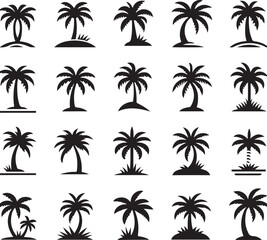Palm tree silhouettes on a tropical summer landscape with beach and nature elements
