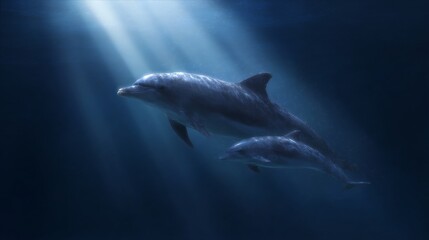 Fototapeta premium A serene underwater scene featuring dolphins swimming gracefully in deep blue waters. The sunlight filters through the surface, creating an enchanting atmosphere. Perfect for nature enthusiasts. AI