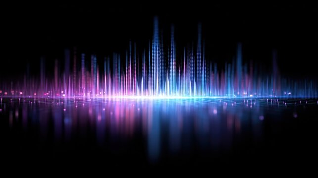 A vibrant display of colorful sound waves reflecting off a dark surface, creating a visual representation of audio.