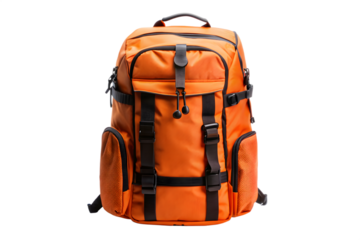 A vibrant orange hiking backpack with multiple pockets and straps, isolated on a transparent background
