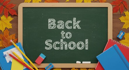 Back to school chalkboard with colorful stationery and autumn leaves