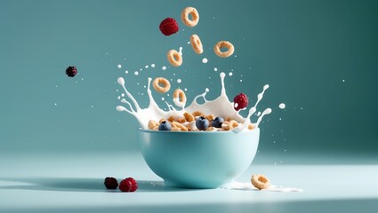 Cereal and berries splashing into milk in a blue bowl with a light blue background