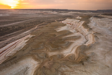 Drone shots of various landscapes of Mangystan in west Kazakhstan, unique rock formations and patterns seen from the air.