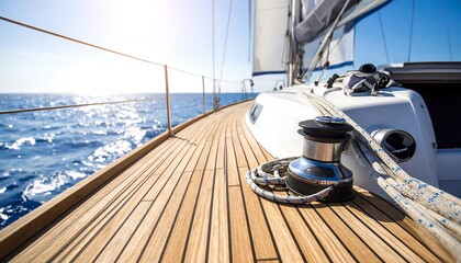 Sunlit deck of a sailboat sailing on a calm ocean