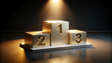 A champions podium awaits with first, second, and third place illuminated by a spotlight