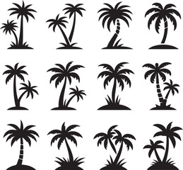 Palm tree silhouettes on a tropical summer landscape with beach and nature elements