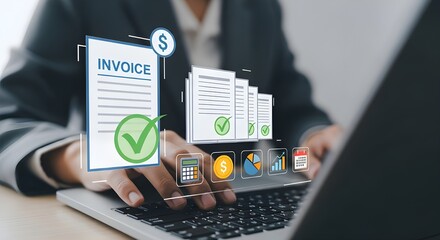 Digital financial documents and analytics on laptop invoice