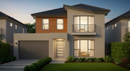 Modern Two-Story House with Wood Accents, Balcony, and Green Lawn at Dusk