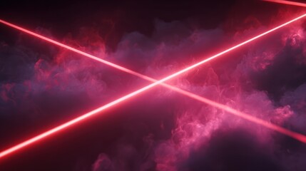 Abstract image of vibrant pink laser beams cutting through dark clouds, creating a dramatic visual effect.