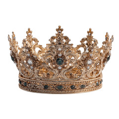 A golden crown with intricate designs and gemstones on a black background isolated on transparent background