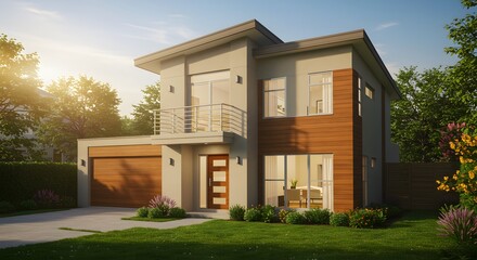 Modern Two-Story House with Wood Accents, Balcony, and Green Lawn