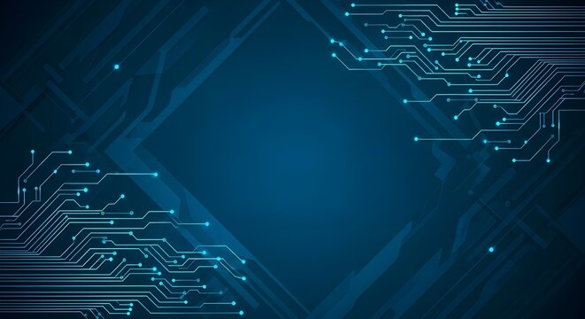 Electric blue circuit board pathways with glowing nodes abstract technology