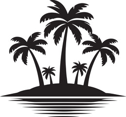Palm tree silhouettes on a tropical summer landscape with beach and nature elements