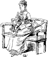 Vintage Lady Sitting on a Bench with Flowers