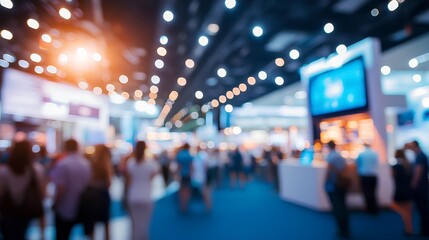 Blurry Exhibition Crowd: Capturing a vibrant exhibition hall atmosphere, with an array of diverse attendees and illuminated displays in soft focus, showcasing the buzz of commerce and innovation.
