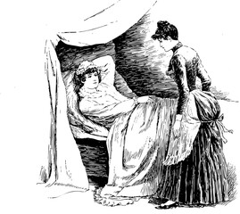 Vintage Illustration of a Woman in Bed and a Woman Standing