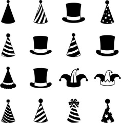 Set of Black Party Hats and Top Hats