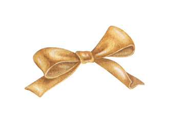 Golden shiny bow clipart. Watercolor illustration of a holiday decor. Hand drawn vintage sketch on white isolated background. Water color painting art image