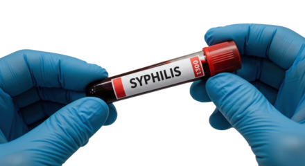 Hands in Blue Gloves Holding a Blood Sample Tube Labeled Syphilis with a Red Cap Against a Black Background