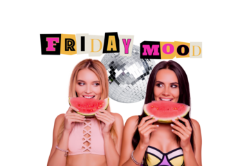 Collage 3d image of pinup retro sketch of two attractive young girl celebrate friday mood eat watermelon beach magazine surrealism metaphor