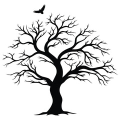 Obraz premium Vector art of bare tree silhouette with a bird flying above isolated on white