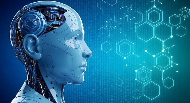 Futuristic robotic head with intricate circuitry and digital network android artificial