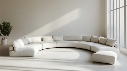 Modern U-Shaped Sofa in Bright Living Space: A sleek, u-shaped sofa dominates a modern living space, bathed in natural light filtering through a large window.